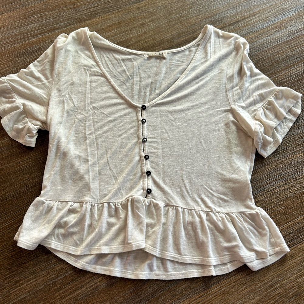 Women's Cream Ruffle Button Top